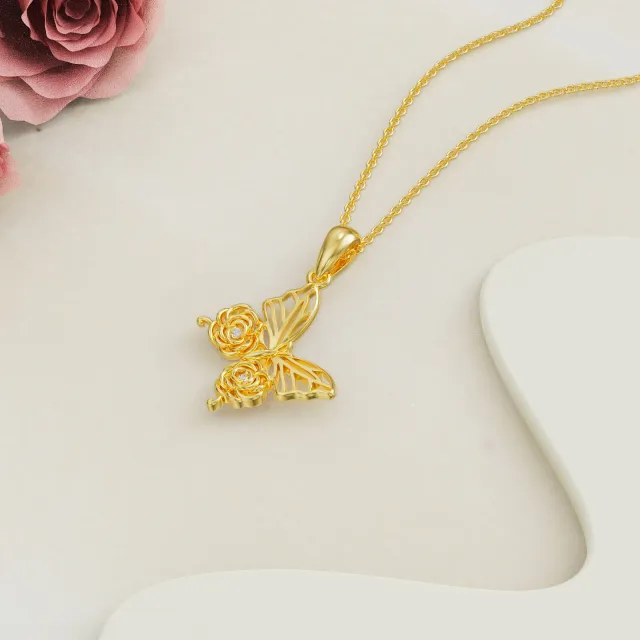 14K Gold Moissanit Schmetterling & Rose Anhänger Halskette-2