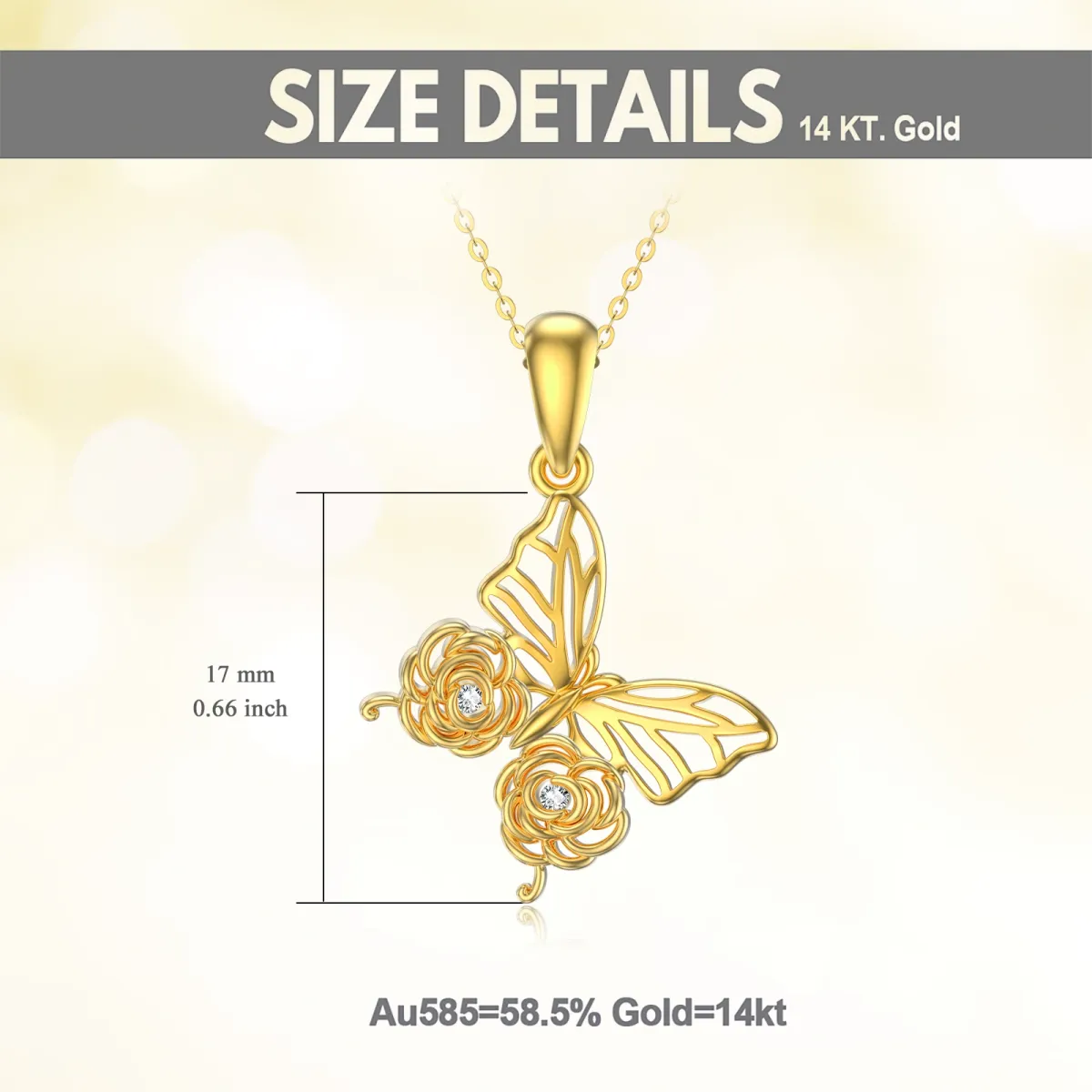 14K Gold Moissanit Schmetterling & Rose Anhänger Halskette-5