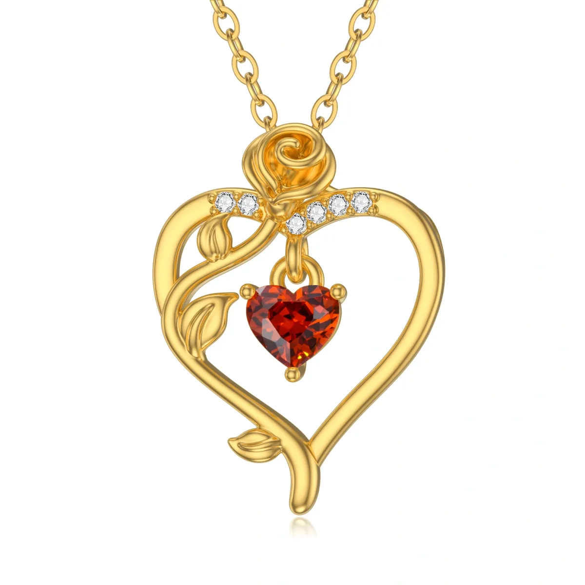 14K Gold Heart Shaped Crystal Rose & Heart Pendant Necklace-1