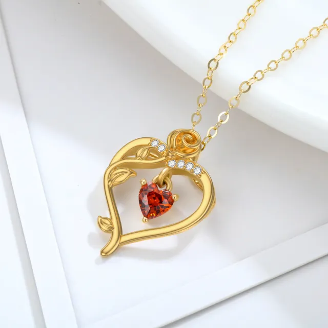 14K Gold Heart Shaped Crystal Rose & Heart Pendant Necklace-2