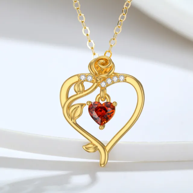 14K Gold Heart Shaped Crystal Rose & Heart Pendant Necklace-3
