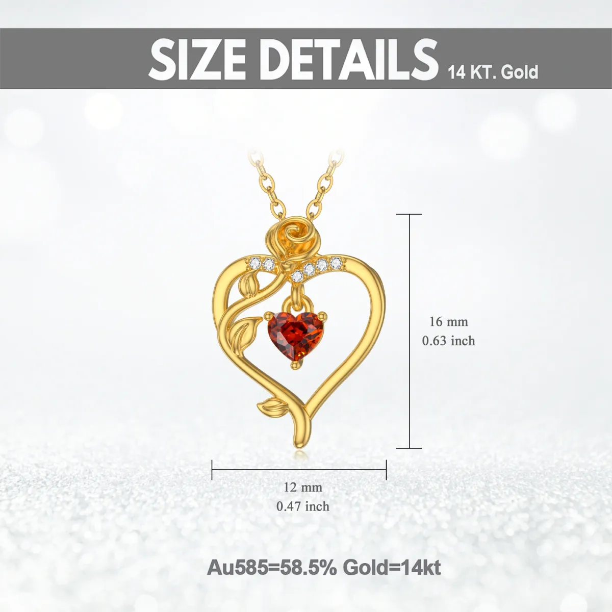 14K Gold Herzform Kristall Rose & Herz Anhänger Halskette-5