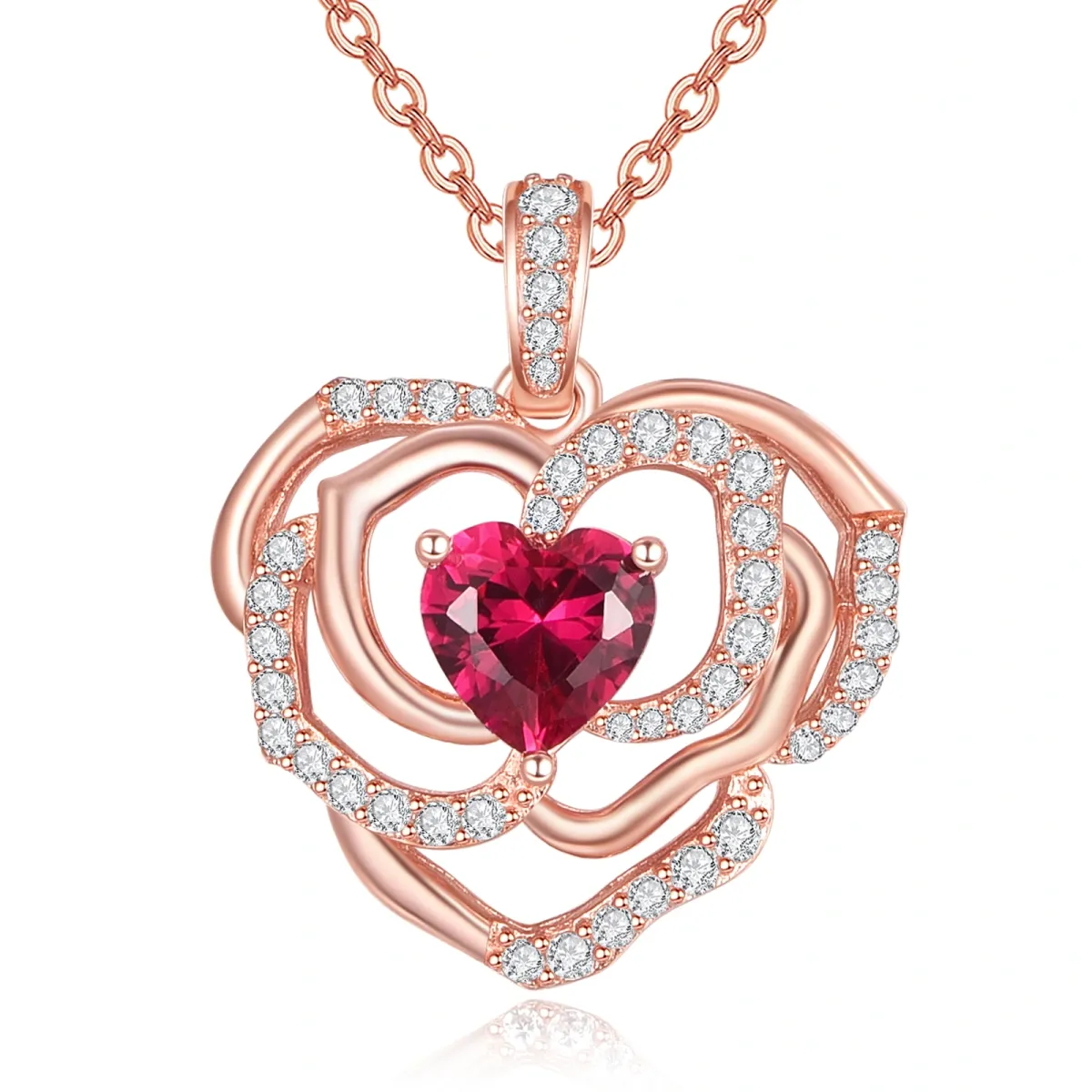 Sterling Silver with Rose Gold Plated Heart Shaped Cubic Zirconia Rose & Heart Pendant Necklace-1