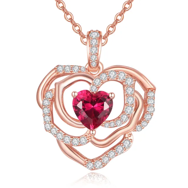 Sterling Silver with Rose Gold Plated Heart Shaped Cubic Zirconia Rose & Heart Pendant Necklace-0