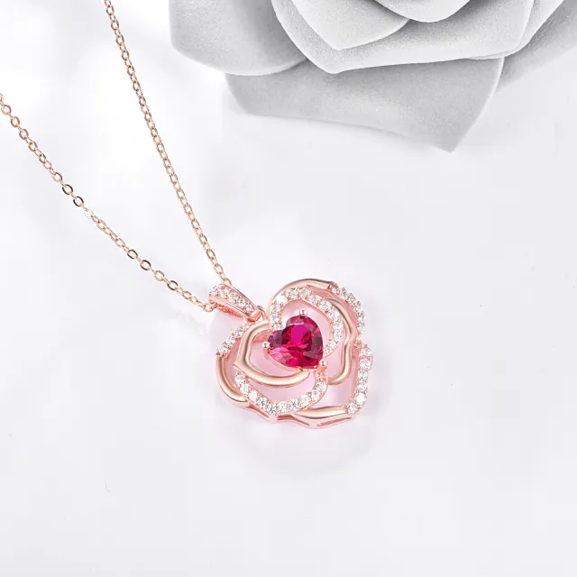 Sterling Silver with Rose Gold Plated Heart Shaped Cubic Zirconia Rose & Heart Pendant Necklace-2