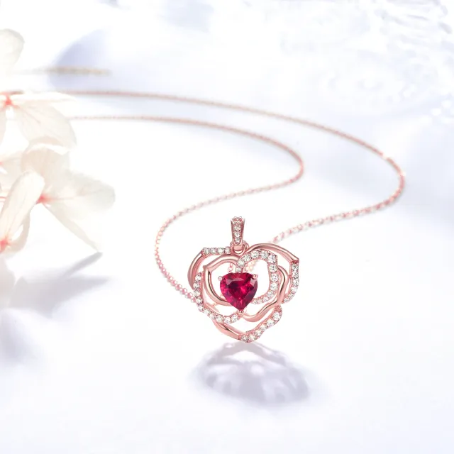 Sterling Silver with Rose Gold Plated Heart Shaped Cubic Zirconia Rose & Heart Pendant Necklace-3