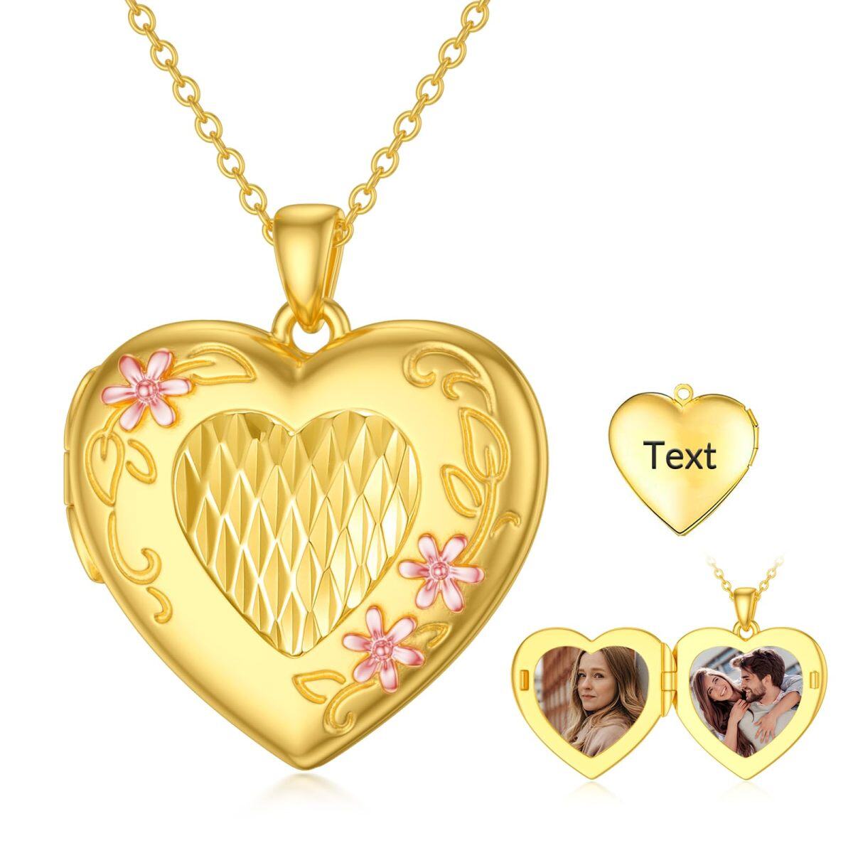 14K Gold Heart Personalized Photo Locket Necklace with Engraved Word-1