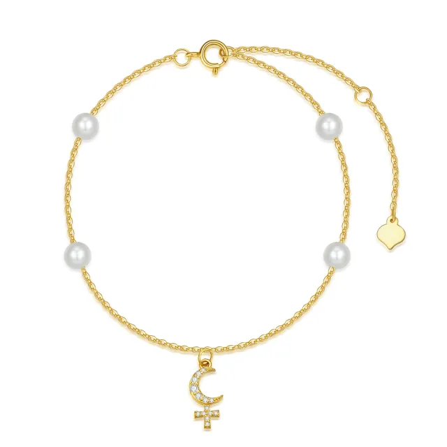 14K Gold Circular Shaped Cubic Zirconia Cross & Moon Pendant Bracelet-0