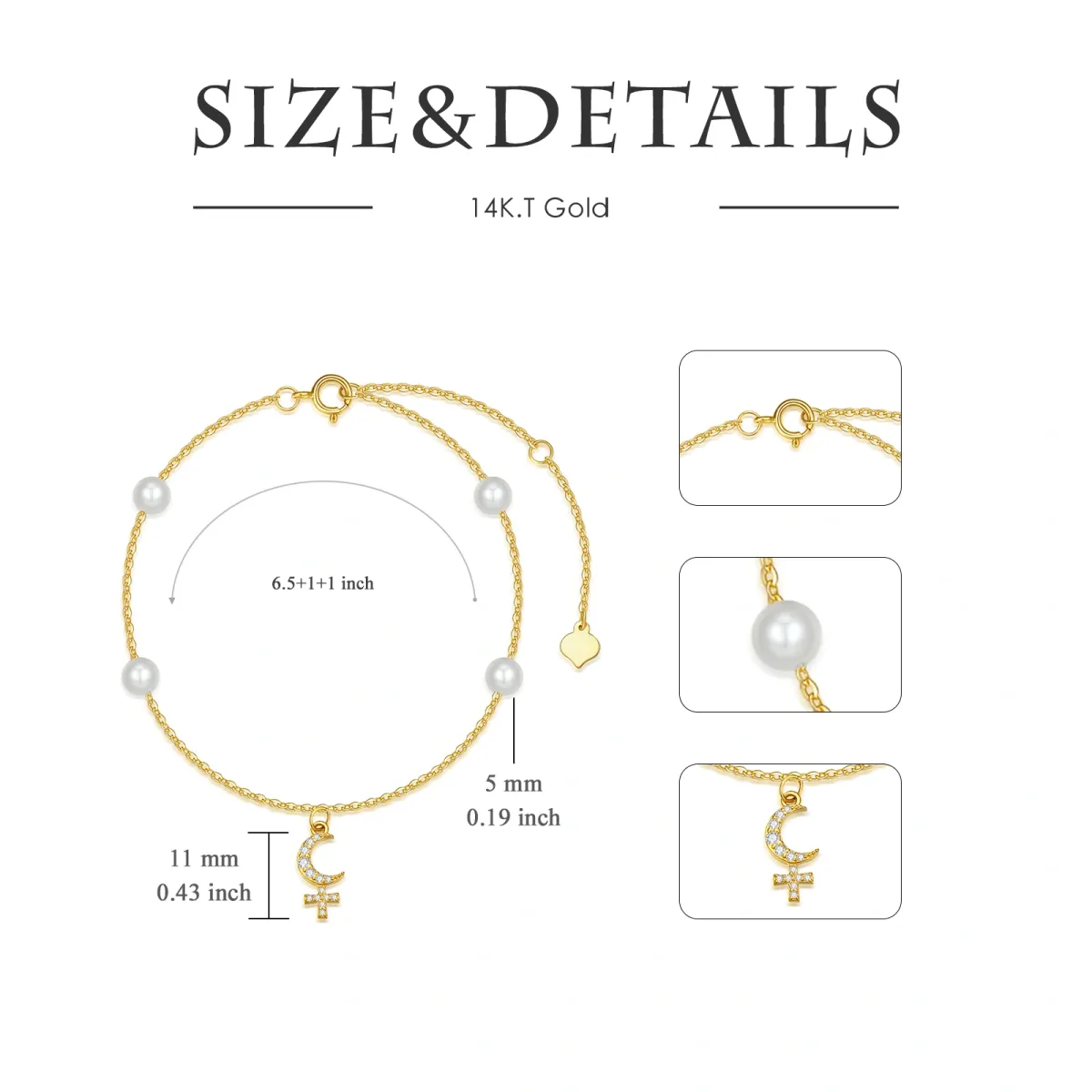 14K Gold Circular Shaped Cubic Zirconia Cross & Moon Pendant Bracelet-5