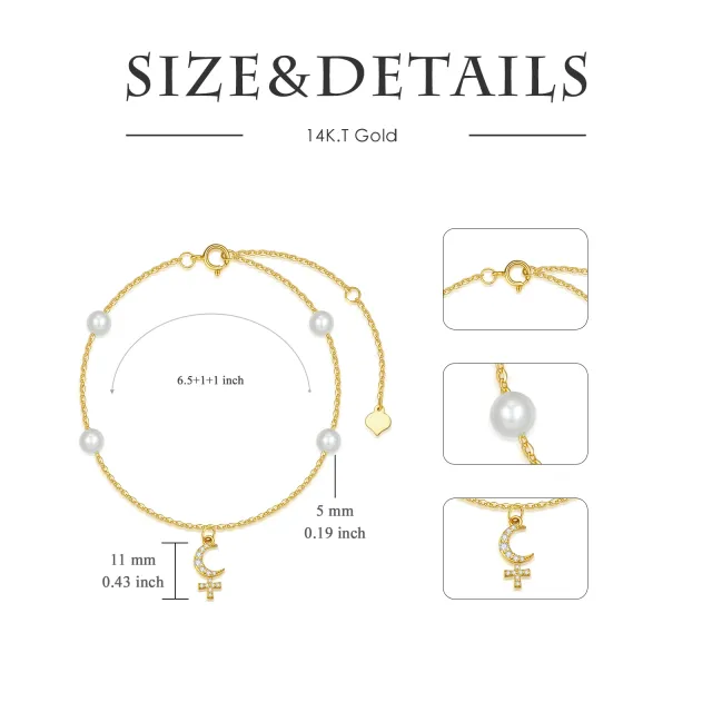 14K Gold Circular Shaped Cubic Zirconia Cross & Moon Pendant Bracelet-4