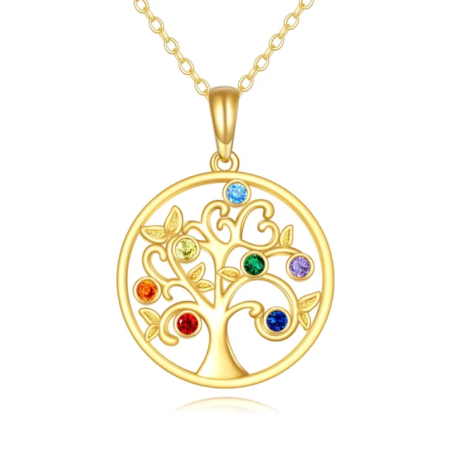 14K Gold Circular Shaped Cubic Zirconia Tree Of Life & Chakras Pendant Necklace-0