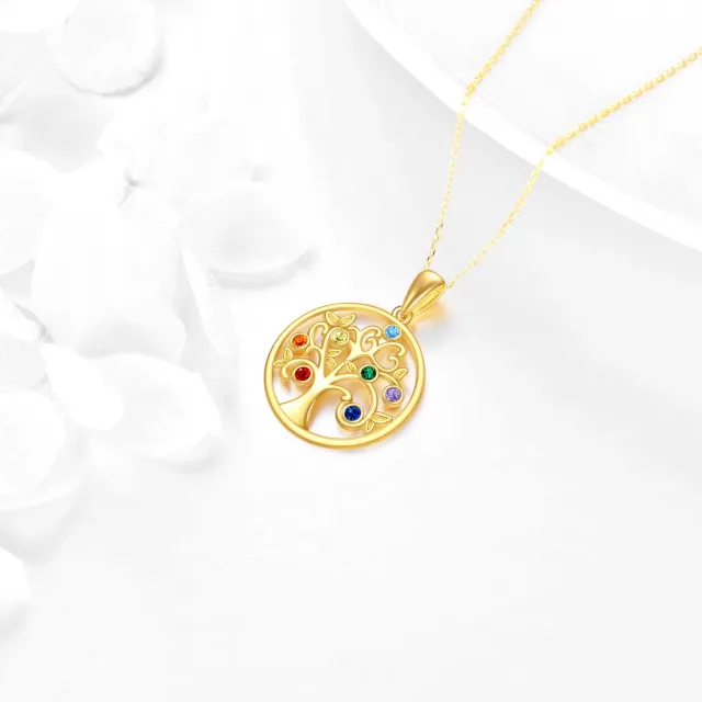 14K Gold Circular Shaped Cubic Zirconia Tree Of Life & Chakras Pendant Necklace-2