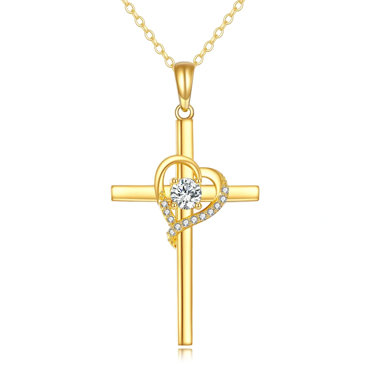 Collier en or 14K avec pendentif croix et coeur en zircon cubique-1