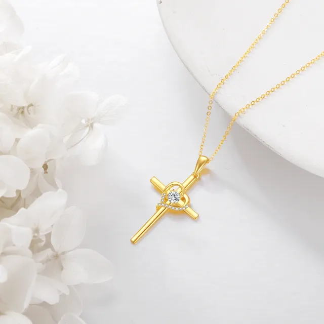 14K Gold Cubic Zirconia Cross & Heart Pendant Necklace-2