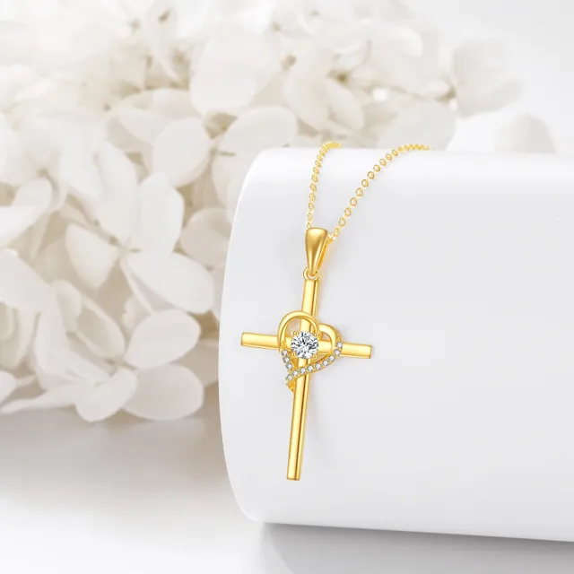 14K Gold Cubic Zirconia Cross & Heart Pendant Necklace-3