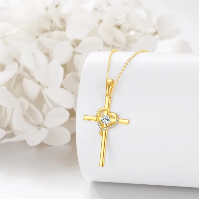 Collier en or 14K avec pendentif croix et coeur en zircon cubique-3