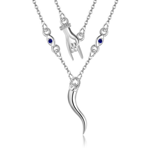 Sterling Silver Cubic Zirconia Evil Eye & Italian Horn Layered Necklace-2