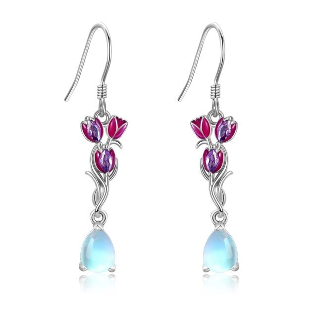 Sterling Silver Pear Shaped Moonstone Tulip Drop Earrings-1