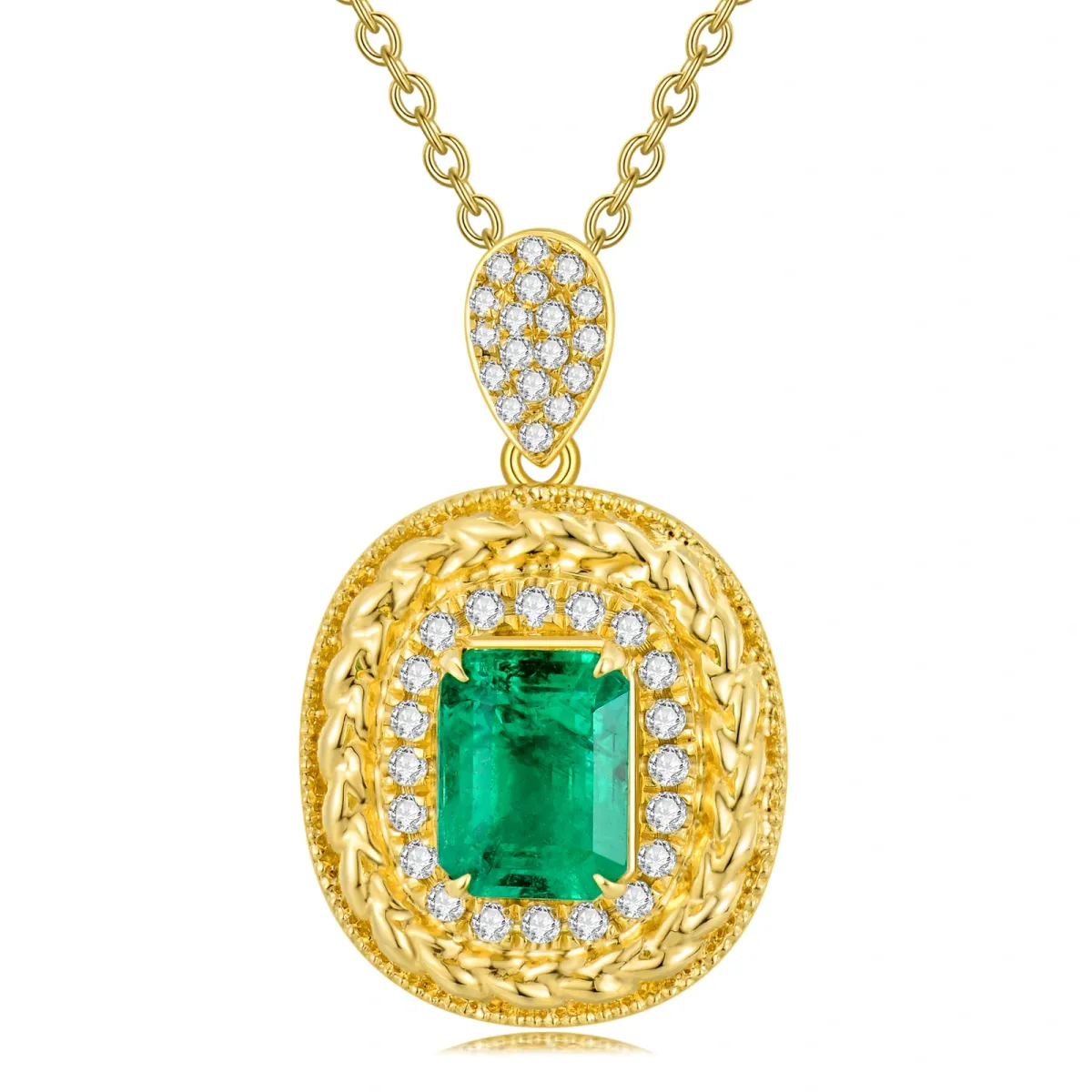 18K Gold Prinzessinnen-Quadrat Form Smaragd Rund/Sphärisch Anhänger Halskette-1