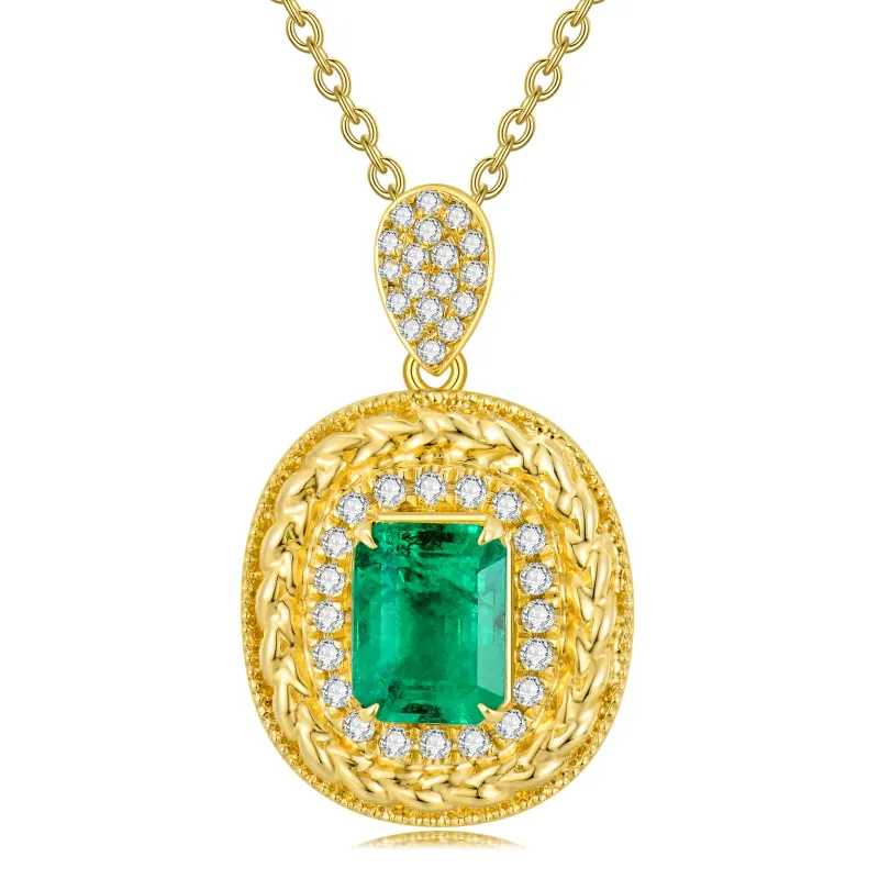 18K Gold Princess-square Shaped Emerald Round/Spherical Pendant Necklace