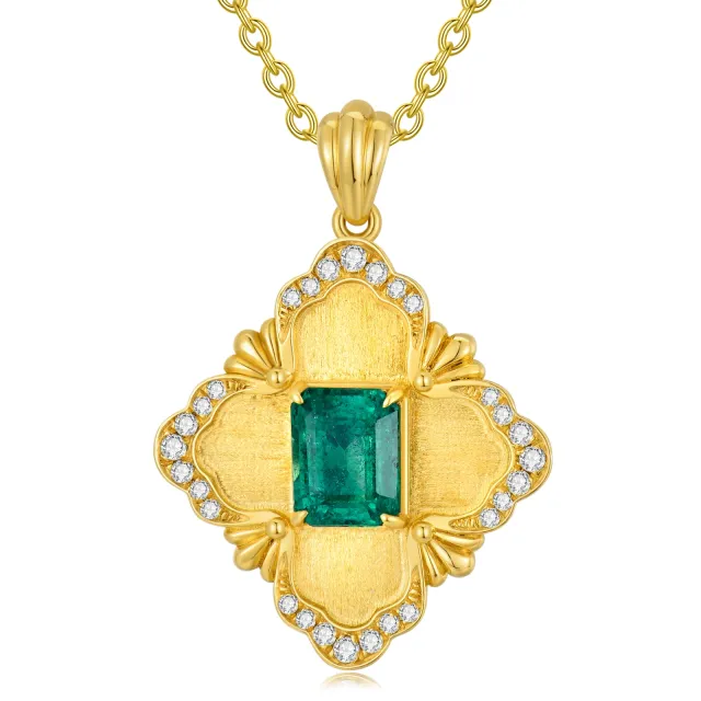 18K Gold Prinzessin-Quadrat geformt Smaragd Blume des Lebens Anhänger Halskette-0