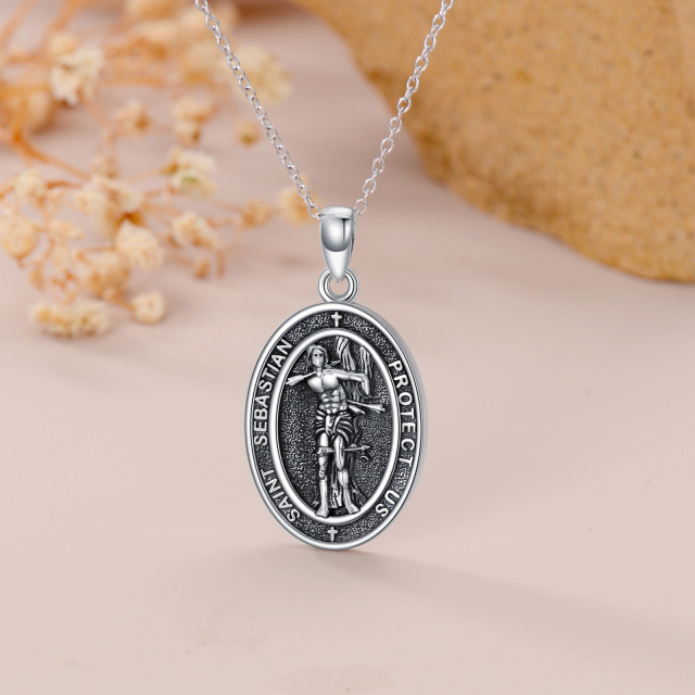 Sterling Silver San Sebastian Pendant Necklace with Engraved Word for Men-3