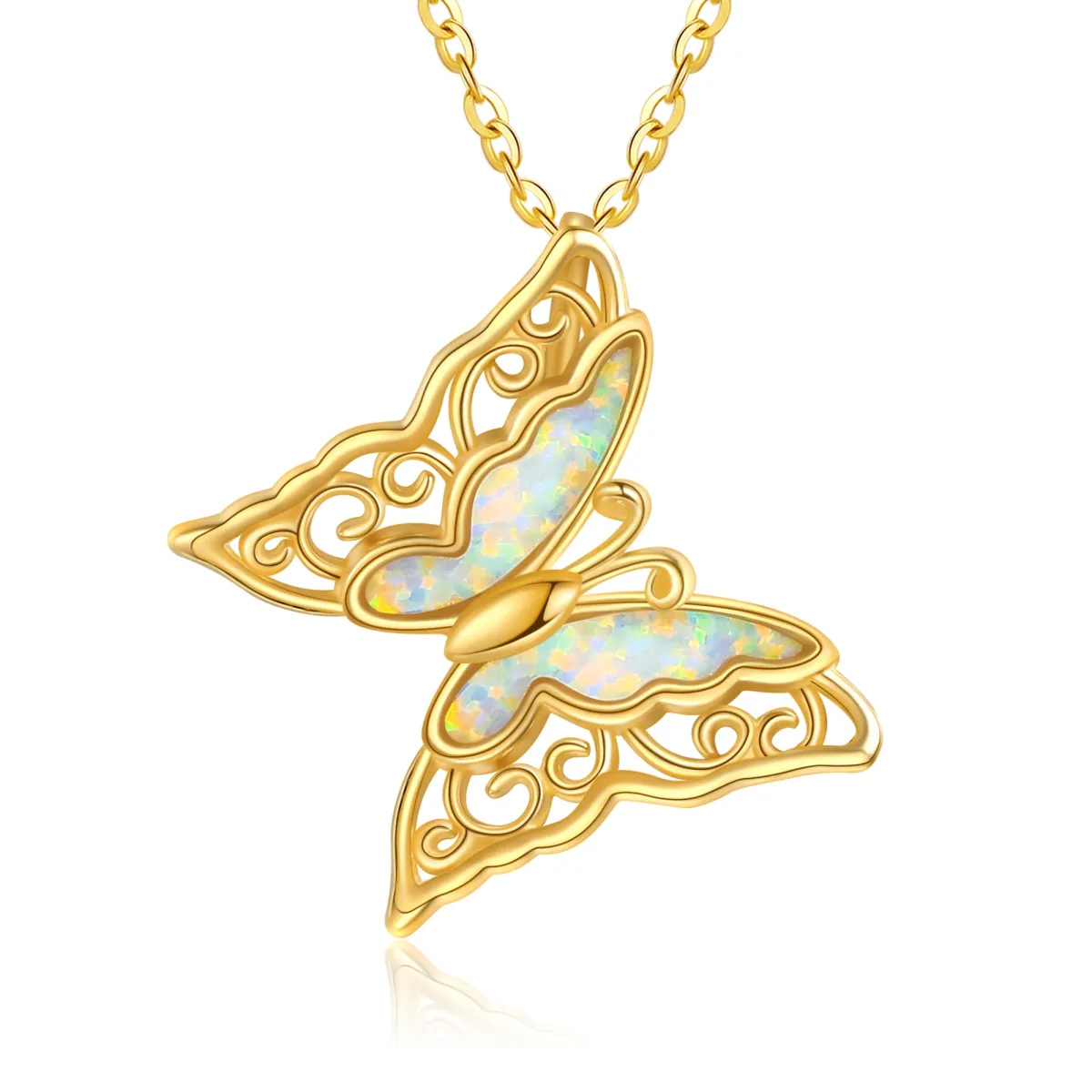 14K Gold Opal Butterfly Pendant Necklace-1