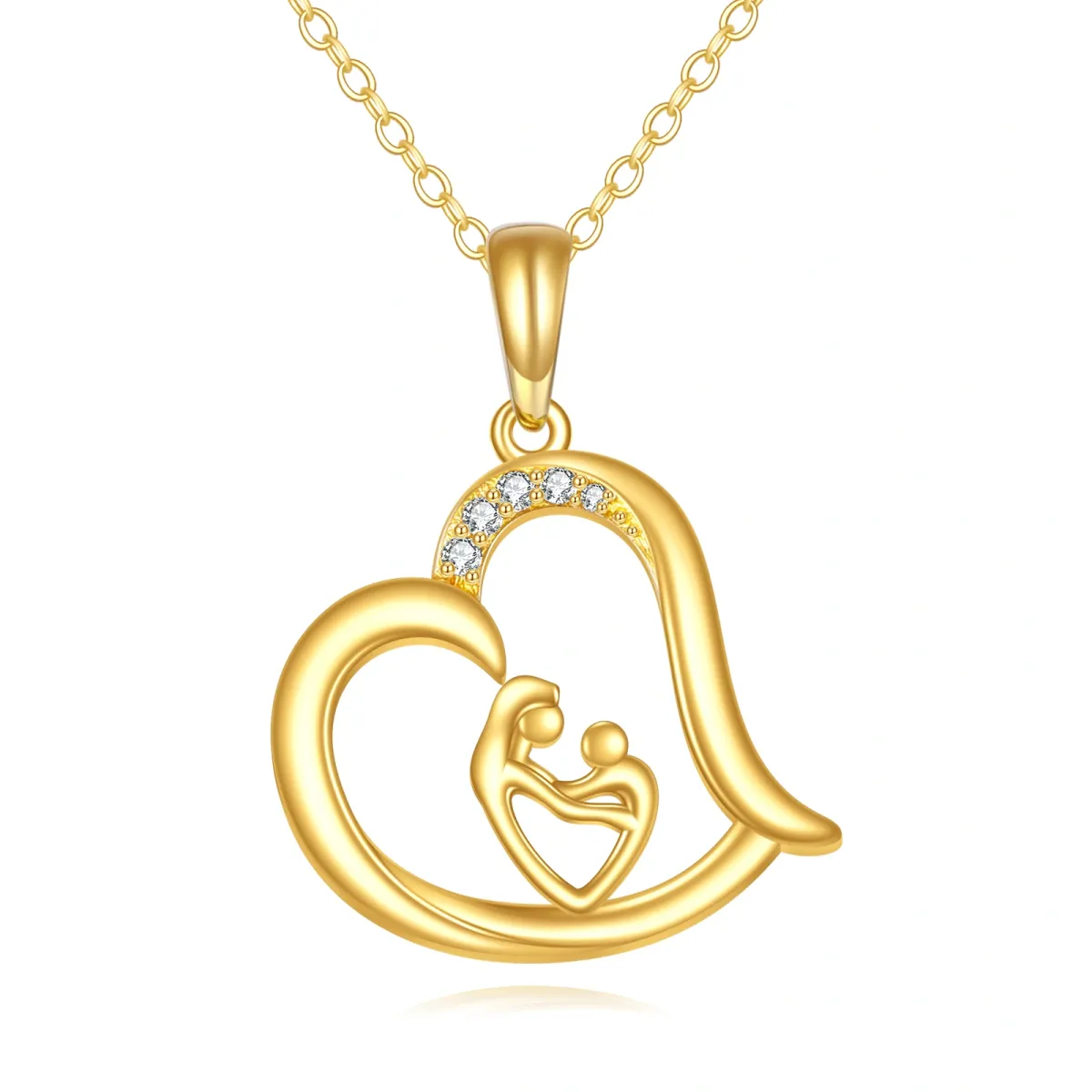 14K Gold Circular Shaped Cubic Zirconia Mother & Daughter & Heart Pendant Necklace-1