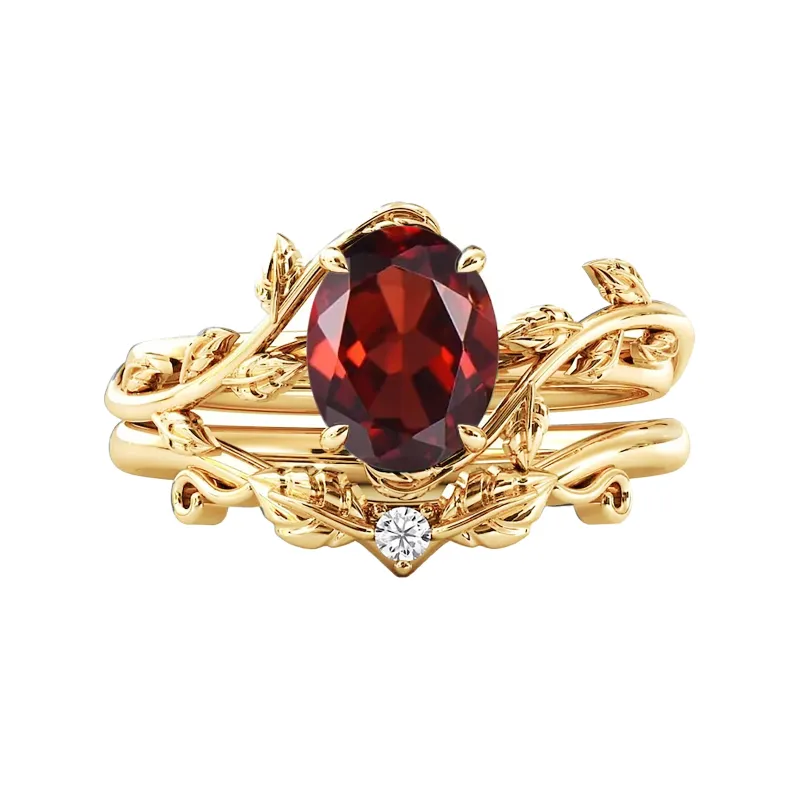 14K Gold Oval Shaped Garnet Ivy Engagement Ring