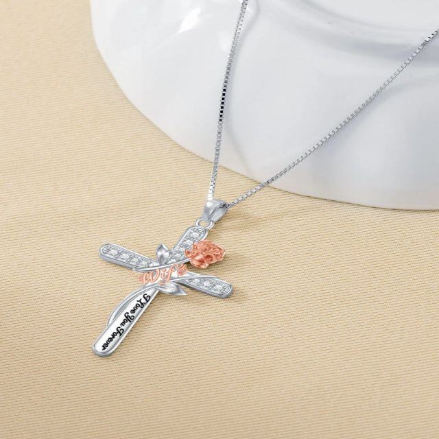 Sterling Silber zweifarbig kreisförmig Cubic Zirkonia Rose & Kreuz Anhänger Halskette mit-2