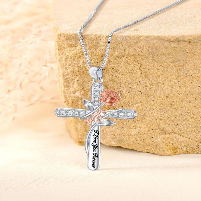 Sterling Silver Two-tone Circular Shaped Cubic Zirconia Rose & Cross Pendant Necklace with Engraved Word-3
