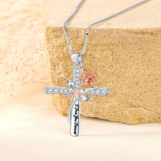 Collier en argent sterling bicolore avec pendentif rose et croix en zircon cubique avec mo-3