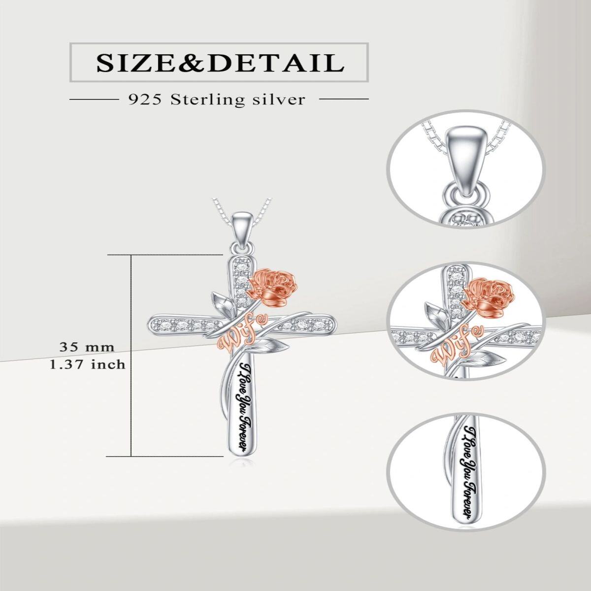 Sterling Silber zweifarbig kreisförmig Cubic Zirkonia Rose & Kreuz Anhänger Halskette mit-5
