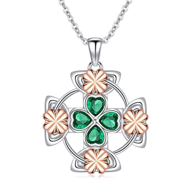 Sterling Silver Two-tone Heart Shaped Crystal Four Leaf Clover & Celtic Knot Pendant Necklace-4