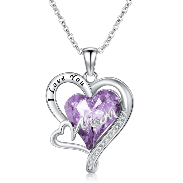 Sterling Silver Crystal Mother & Daughter Heart Pendant Necklace with Engraved Word-0