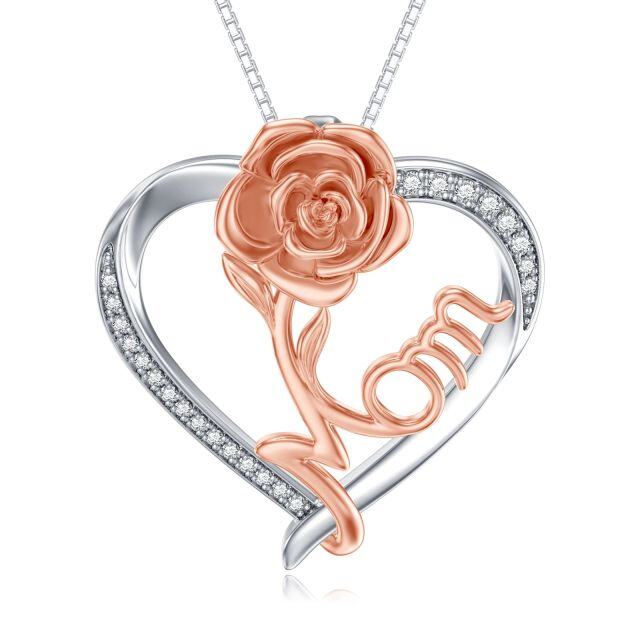 Sterling Silver Two-tone Cubic Zirconia Rose & Heart Pendant Necklace with Engraved Word-0