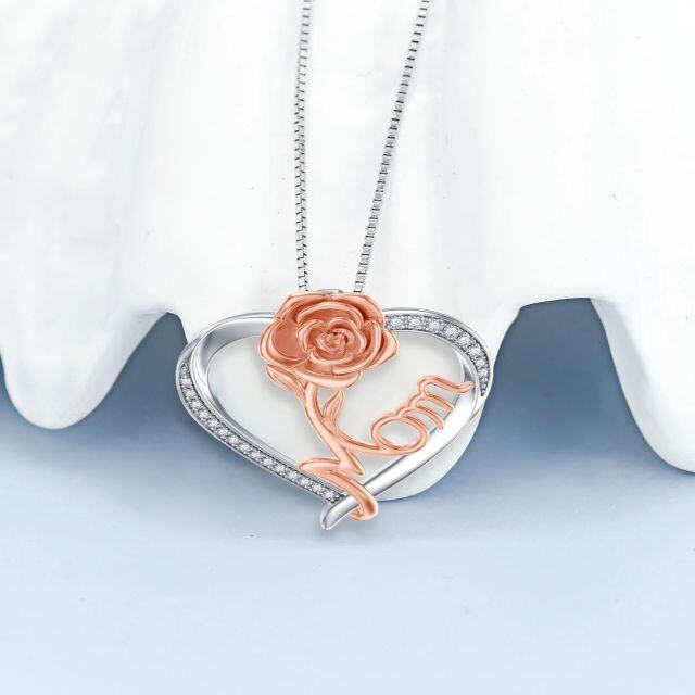 Sterling Silver Two-tone Cubic Zirconia Rose & Heart Pendant Necklace with Engraved Word-2