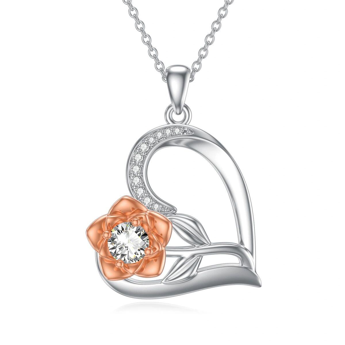 Sterling Silver Two-tone Circular Shaped Moissanite Rose & Heart Pendant Necklace-1