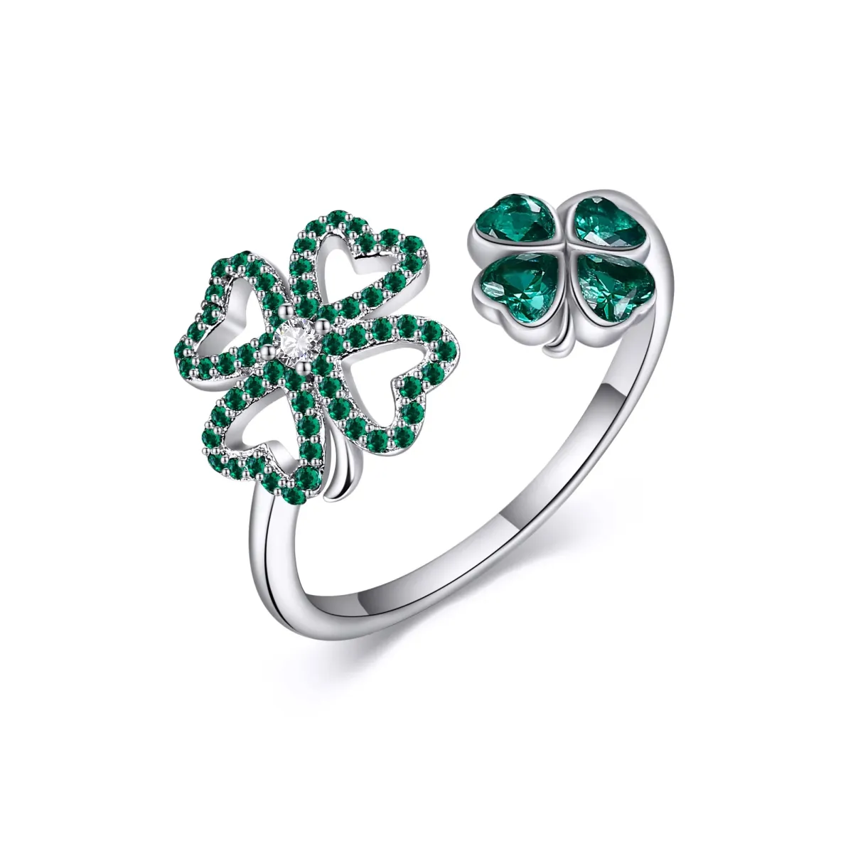 Sterling Silver Zircon Four-leaf Clover Open Ring-1