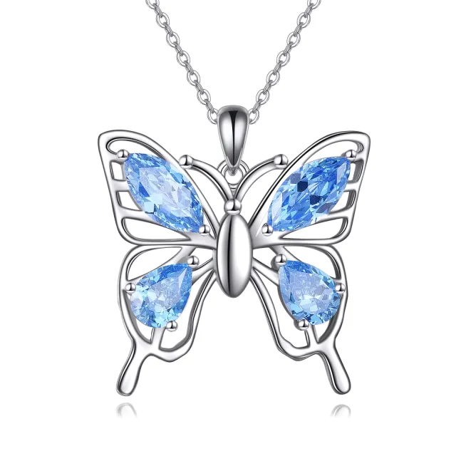 Sterling Silver Marquise Shaped Zircon Butterfly Pendant Necklace-0