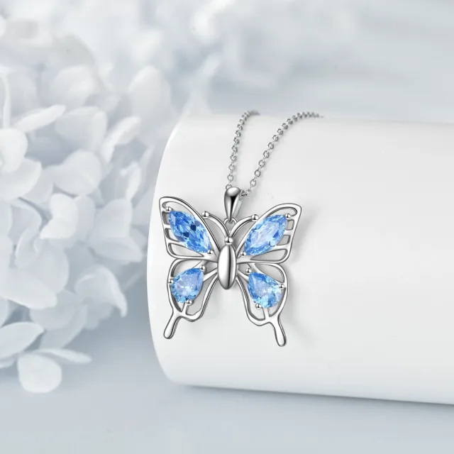Sterling Silver Marquise Shaped Zircon Butterfly Pendant Necklace-3