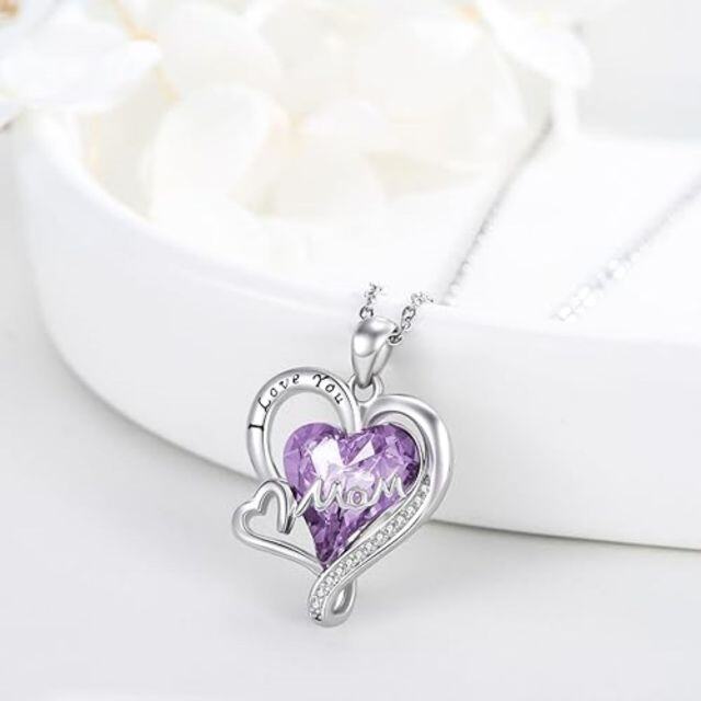 Collar de plata de ley con colgante de corazón de madre e hija de cristal con palabra grabada-2