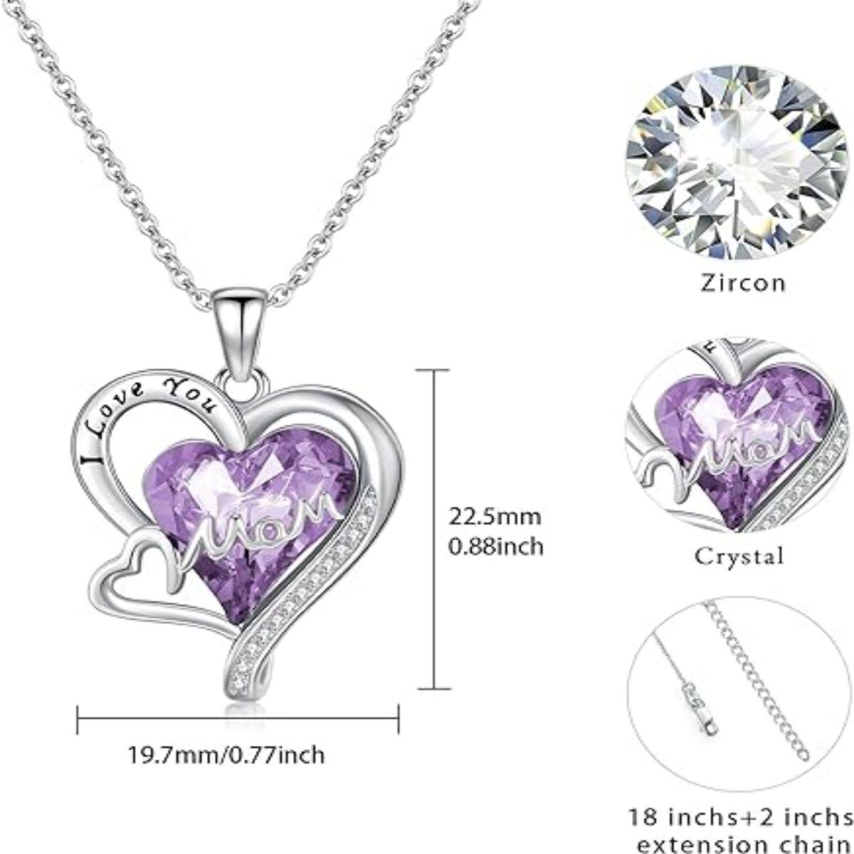 Sterling Silver Crystal Mother & Daughter Heart Pendant Necklace with Engraved Word-4