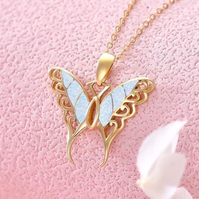 14K Gold Opal Butterfly Pendant Necklace-2
