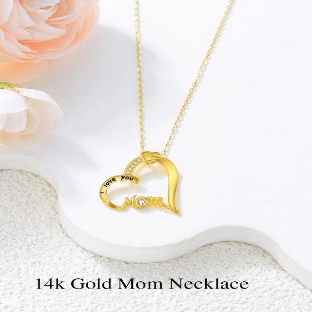 14K Gold Circular Shaped Cubic Zirconia Heart Pendant Necklace with Engraved Word-2