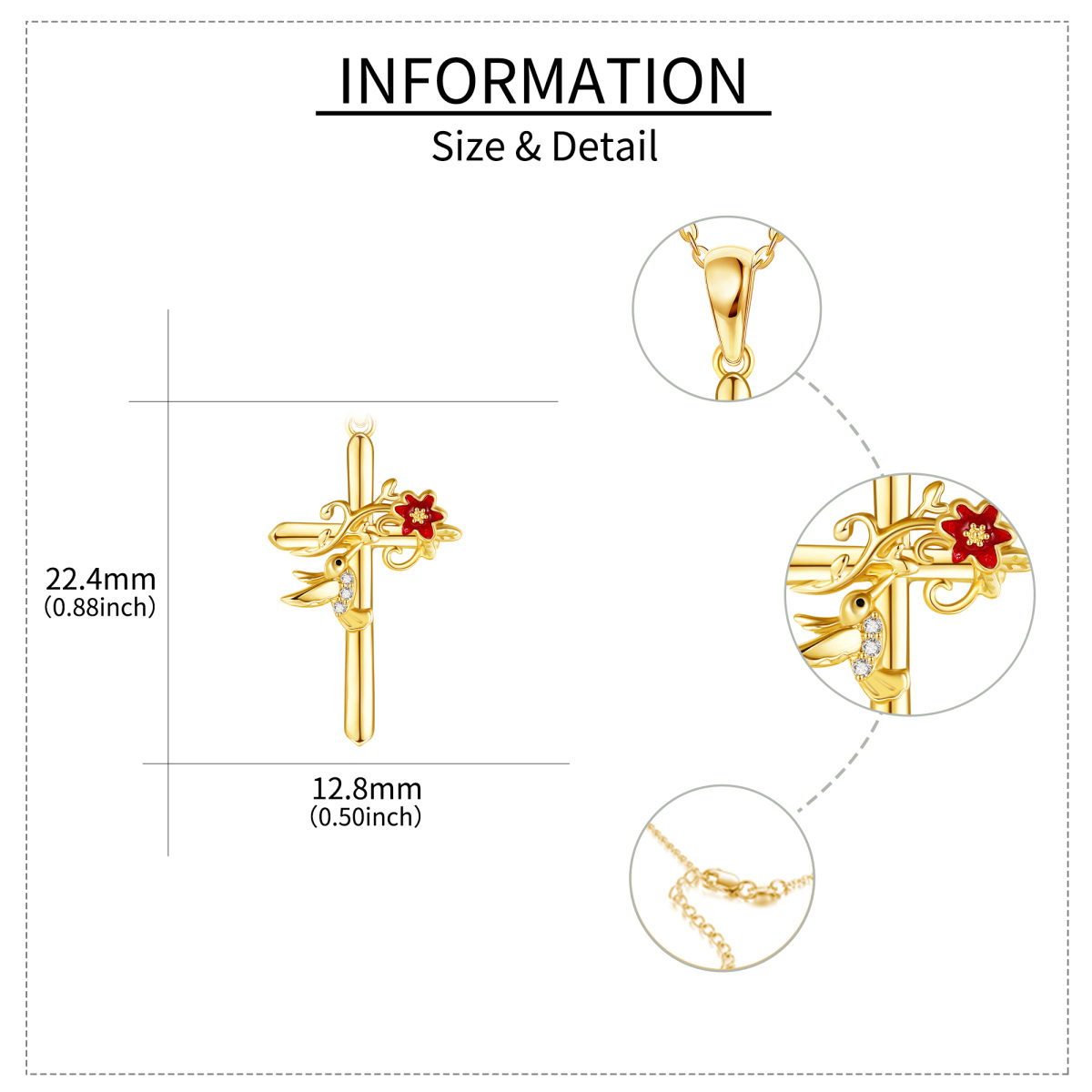 Collar colgante de oro de 14 quilates con circonita cúbica Colibrí y Cruz-5