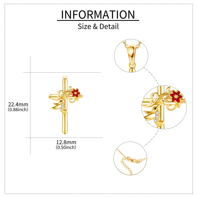 Collar colgante de oro de 14 quilates con circonita cúbica Colibrí y Cruz-4