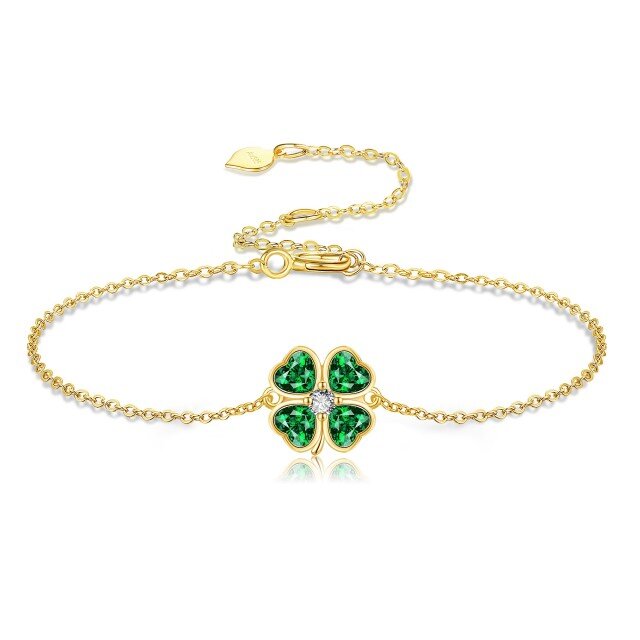 14K Gold Crystal & Cubic Zirconia Four Leaf Clover Pendant Bracelet-3