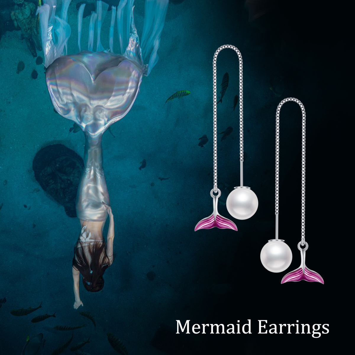 Sterling Silver Circular Shaped Pearl Mermaid Tail Drop Earrings-6
