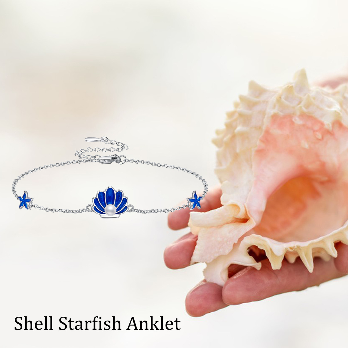 Sterling Silver Pearl Starfish & Shell Single Layer Anklet-5